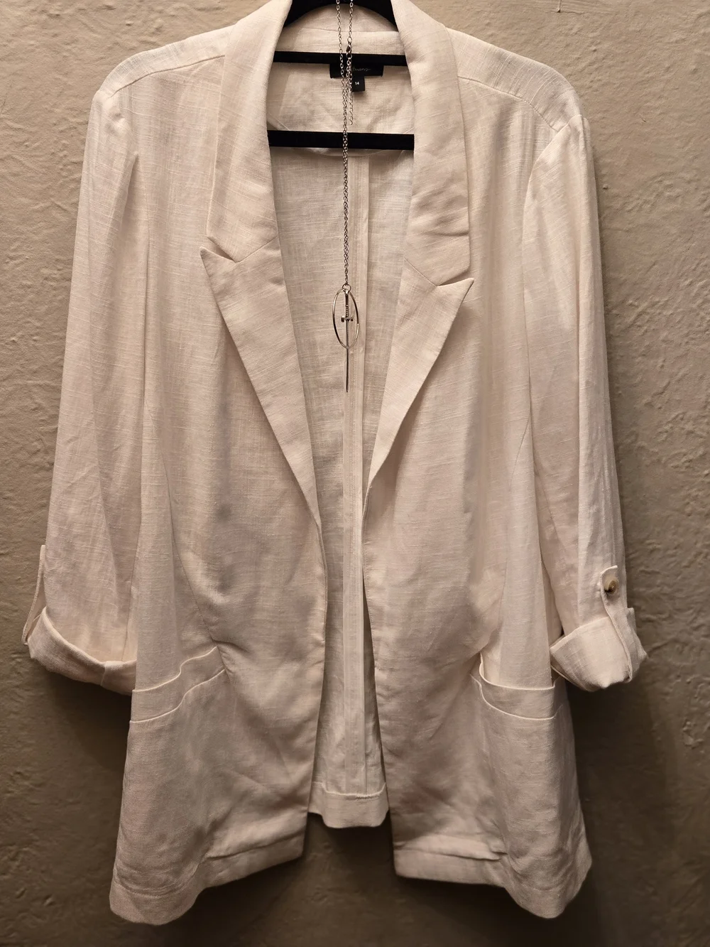 Linen Blend Blazer White Open Front Minimalist Chic Layering Jacket - Picture 5 of 10